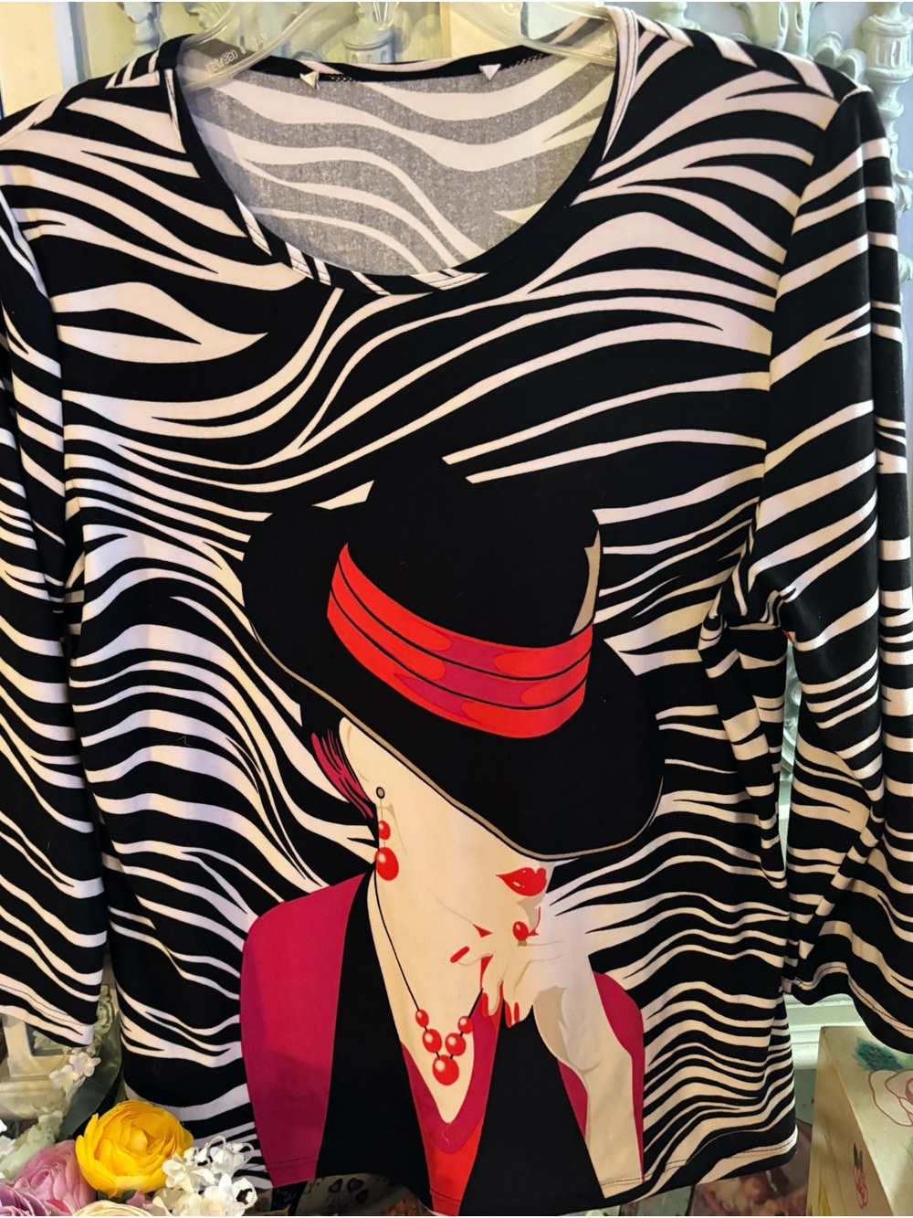 Women's Black & White Zebra Print Top with Pink Accent - Stylish Hat Motif